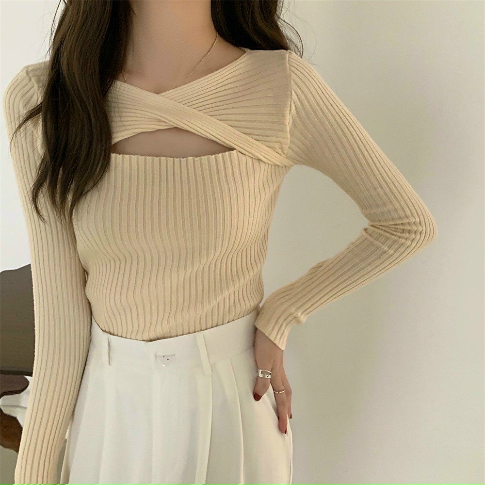 Áo Len Nữ Gân Tăm Cổ Xoắn Ngực Hàng Quảng Châu Dày Dặn A414