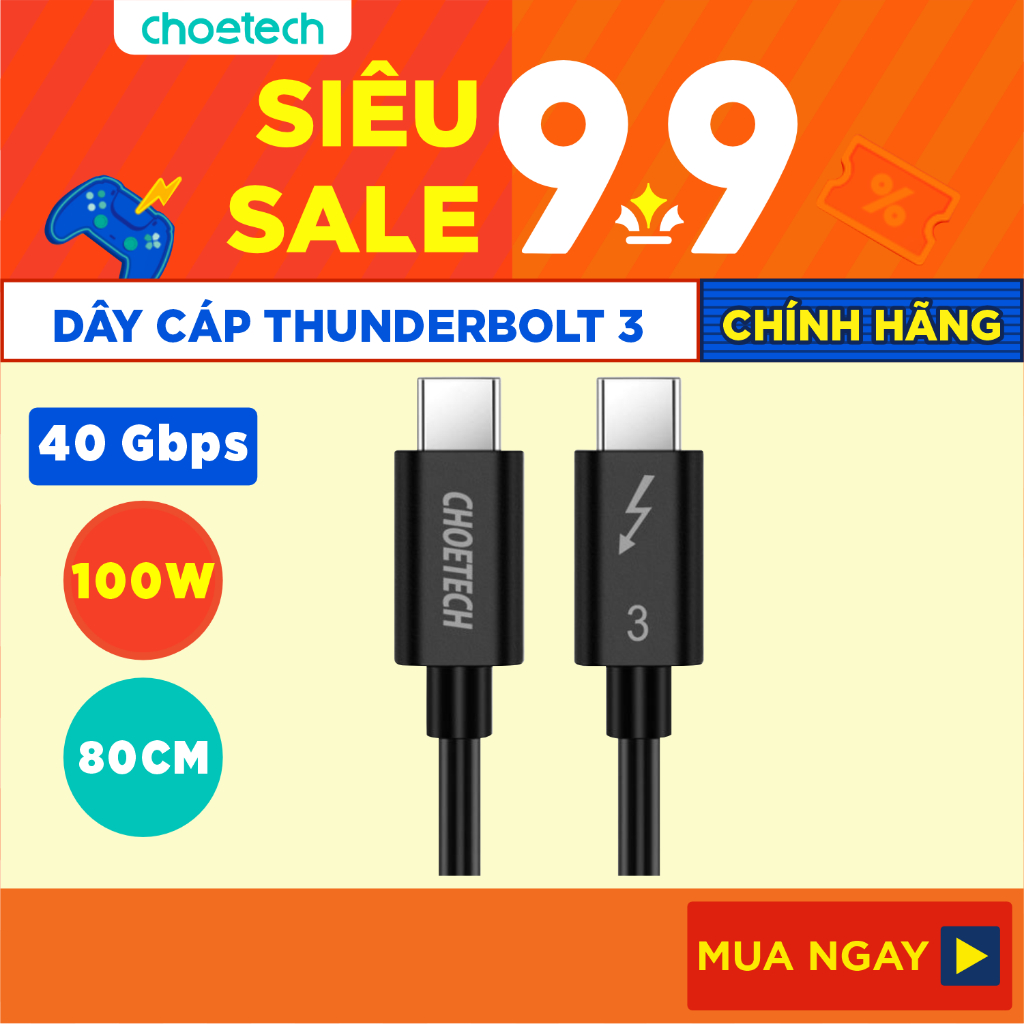 Dây Cáp Type C To C Thunderbolt 3 Dài 80cm Sạc Nhanh 100W 40Gbps 5K 60Hz CHOETECH A3007 - Hàng Chính Hãng