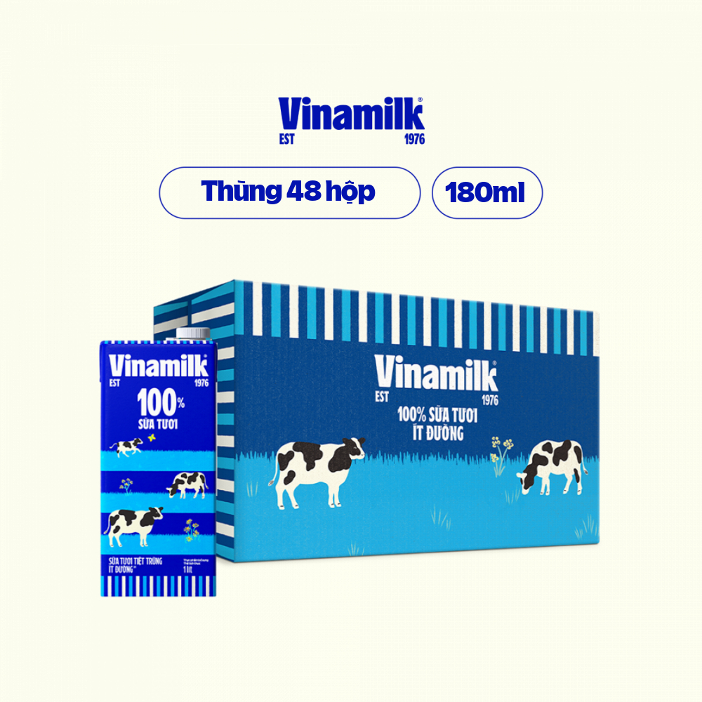 Thùng 48 Hộp Sữa tươi tiệt trùng Vinamilk 100% Ít Đường 180ml