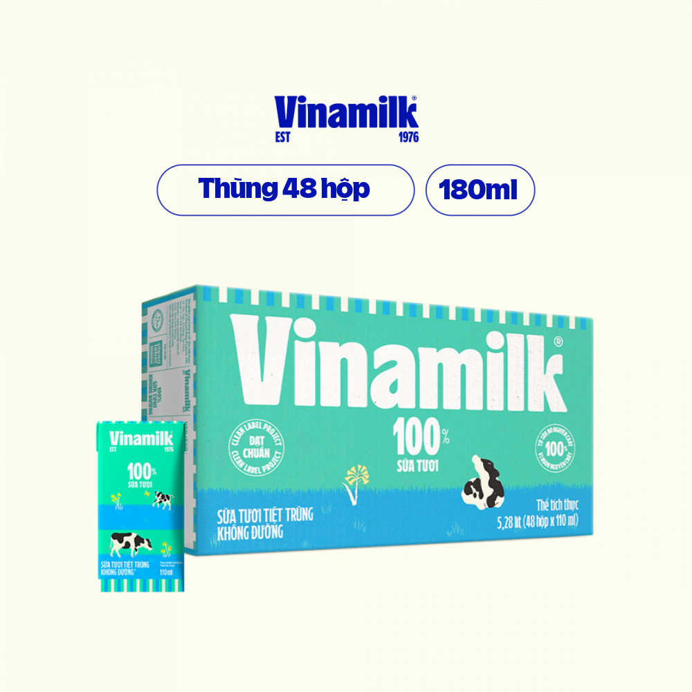 Thùng 48 Hộp Sữa tươi tiệt trùng Vinamilk 100% Không Đường 180ml