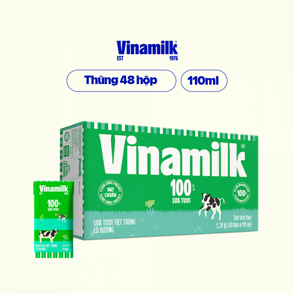 Thùng 48 hộp sữa tươi tiệt trùng Vinamilk 100% có đường 110ml