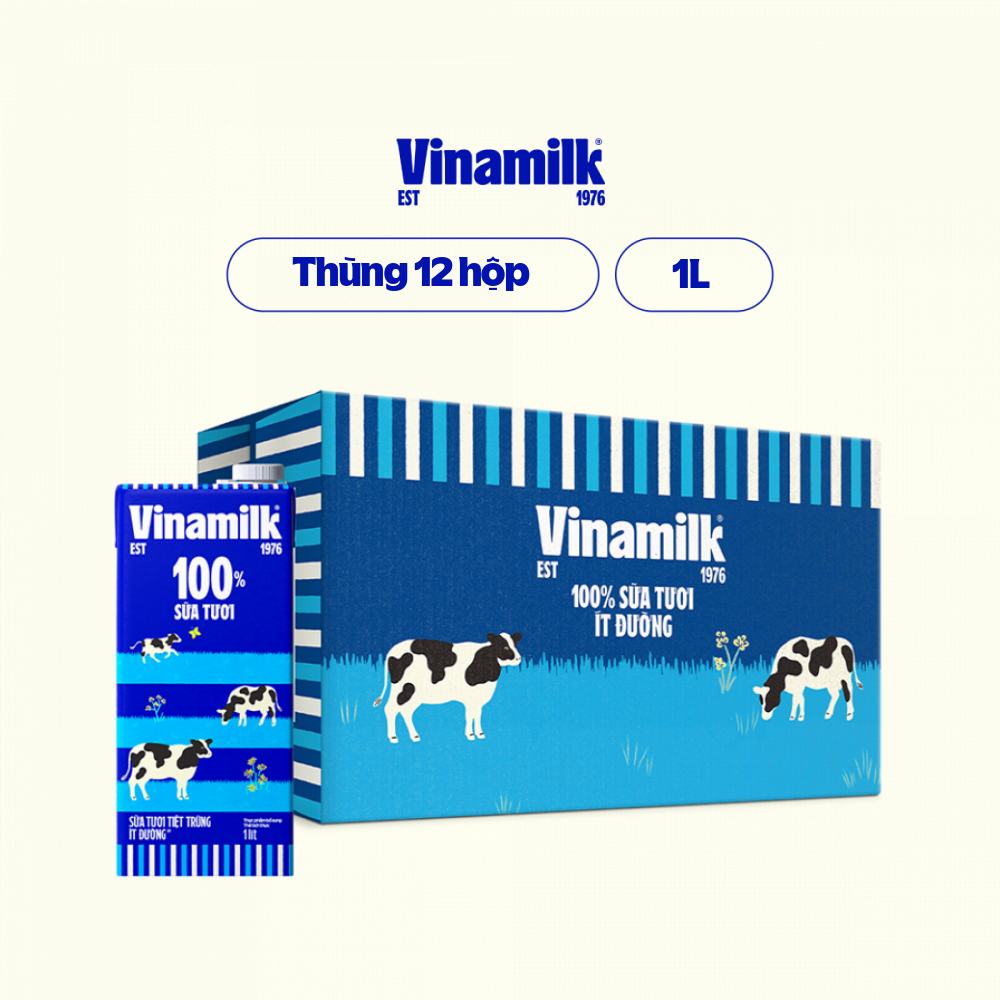 Thùng 12 hộp Sữa tươi tiệt trùng Vinamilk 100% ít đường Hộp giấy 1L