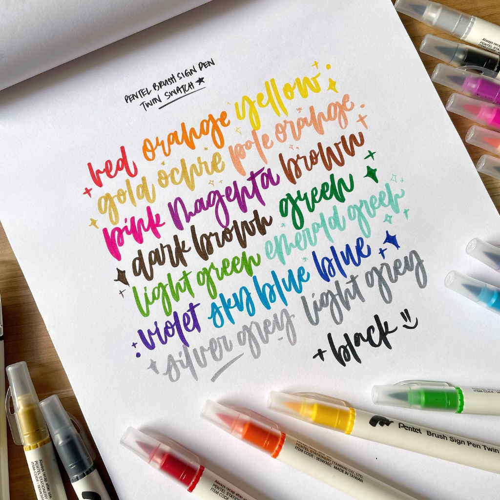 Bút viết thư pháp Calligraphy Pentel Brush Sign Pen Twin | Brush Pen 2 đầu | 30 màu