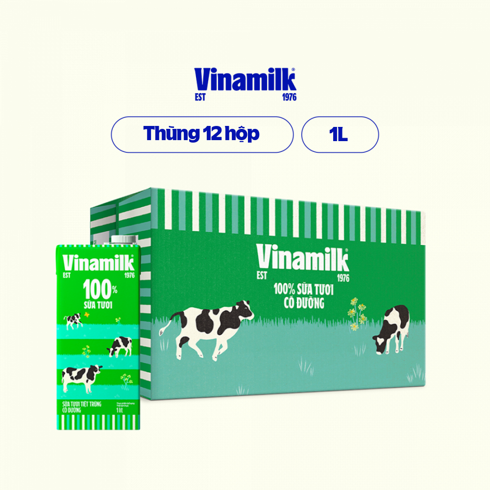 Thùng 12 Hộp Sữa tươi tiệt trùng Vinamilk 100% Có đường Hộp giấy 1L