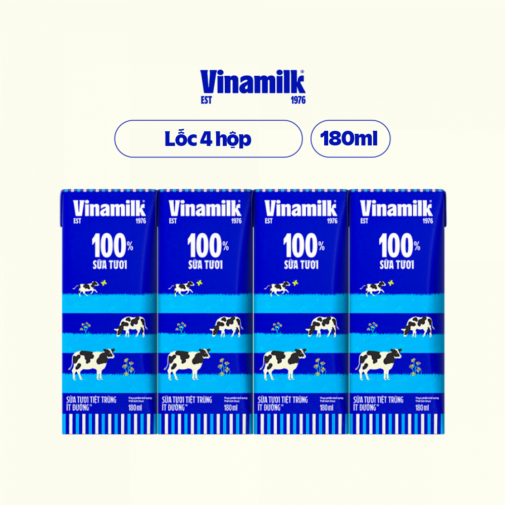 Lốc 4 hộp Sữa tươi tiệt trùng ít đường Vinamilk - hộp 180ml