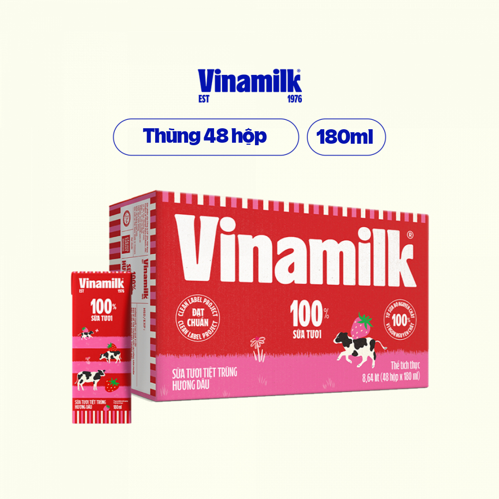 Thùng 48 Hộp Sữa tươi tiệt trùng Vinamilk 100% Hương Dâu 180ml