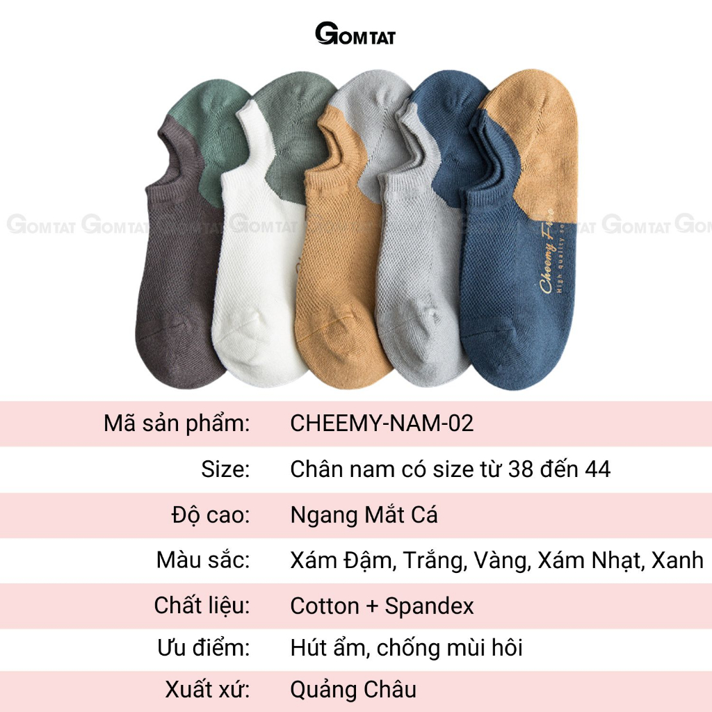 Set 5 đôi vớ cổ thấp nam GOMTAT, chất liệu cotton dày dặn, kết hợp lướt thoáng khí  -CHEEMY-NAM-02-CB5