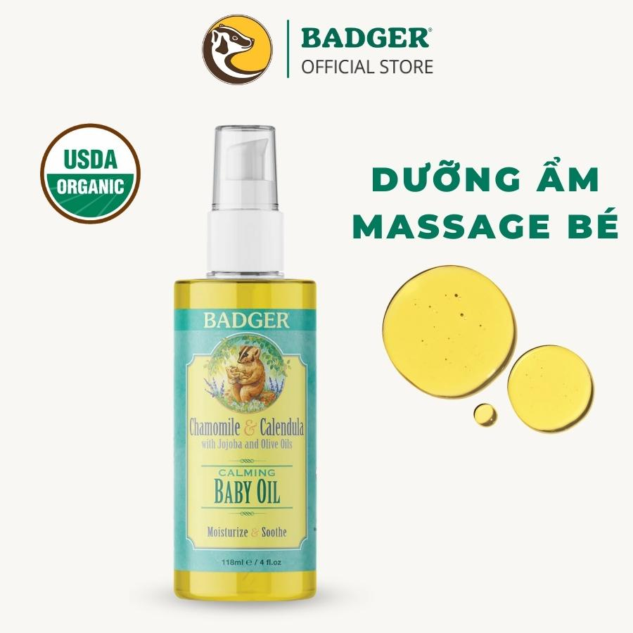 Dầu massage dưỡng ẩm hữu cơ cho em bé Badger Baby Oil Organic giúp da mềm mượt an toàn cho trẻ sơ sinh 118ml