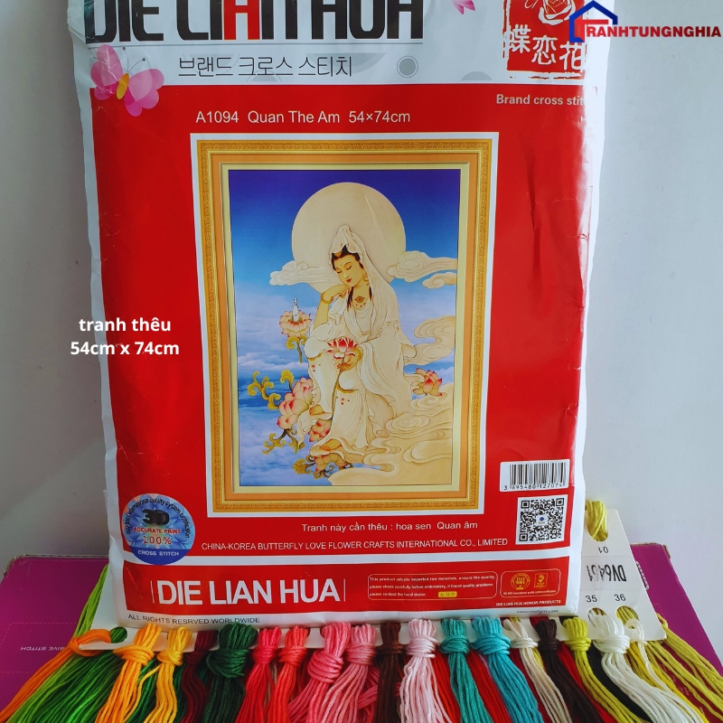 Tranh thêu chữ thập quan thế âm bồ tát 54cm x 74cm