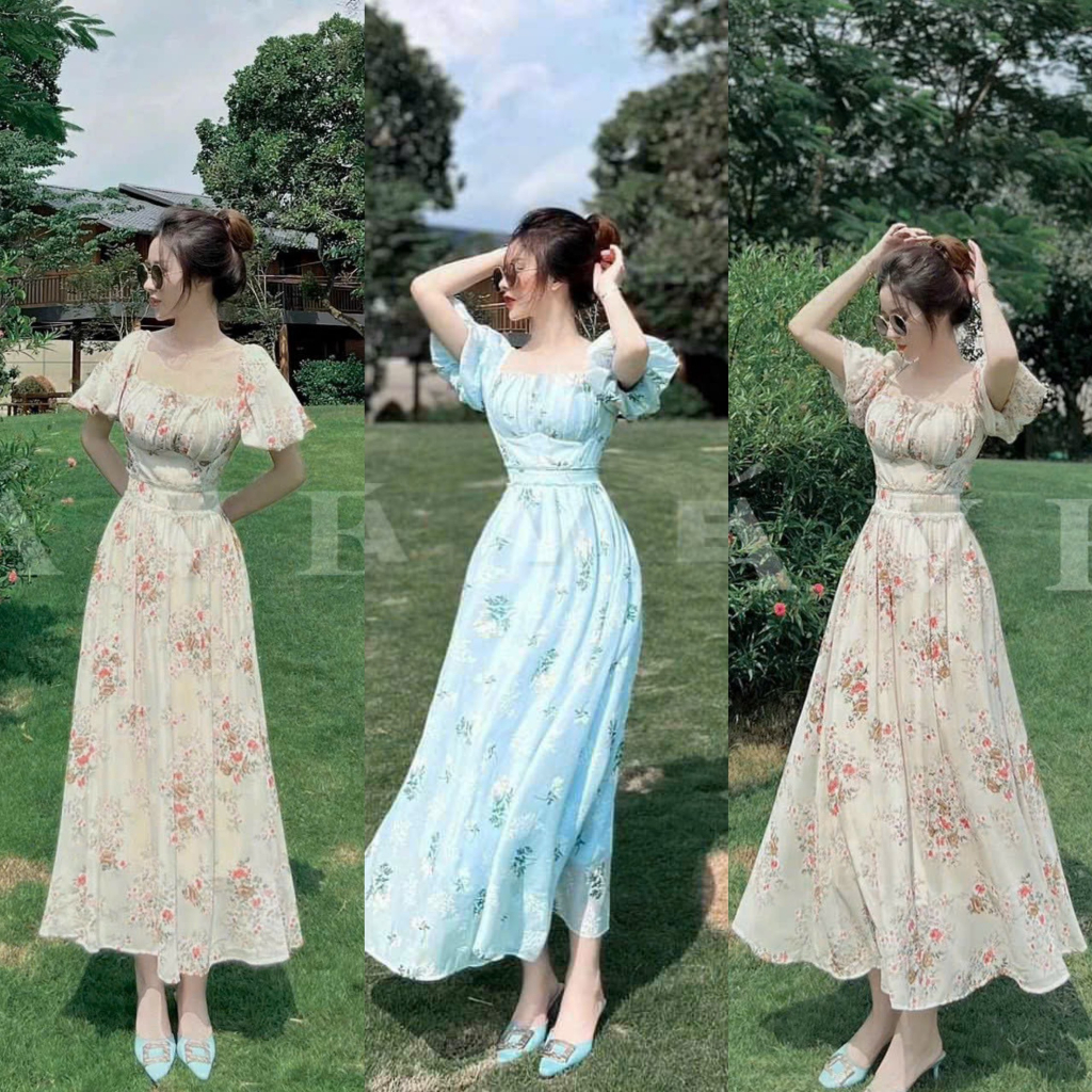 Đầm váy nữ maxi xòe voan hoa phối ren tay phồng họa tiết xếp ly ngực siêu xinh xắn thích hợp cho các tình yêu đi biển