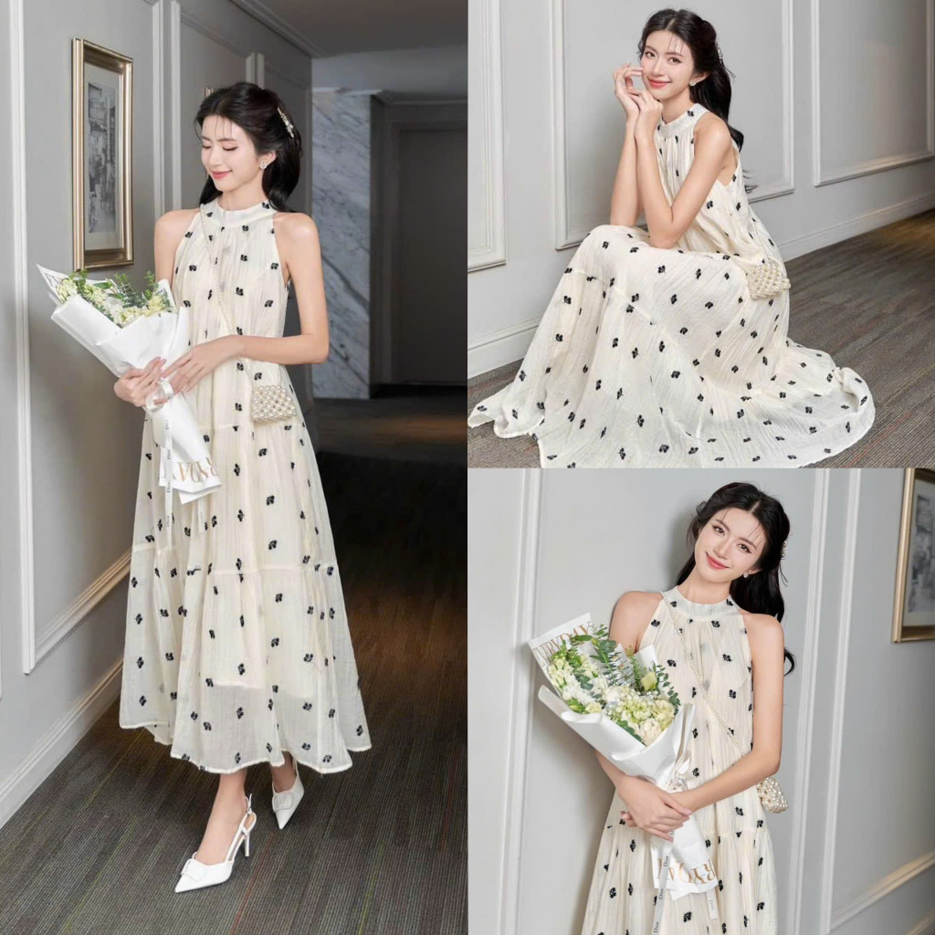 Đầm váy nữ maxi xòe xốp in hoa cổ yếm form rộng cùng tone màu nude nhẹ nhàng, xinh xắn mẹ bầu bon chen phù hợp đi biển