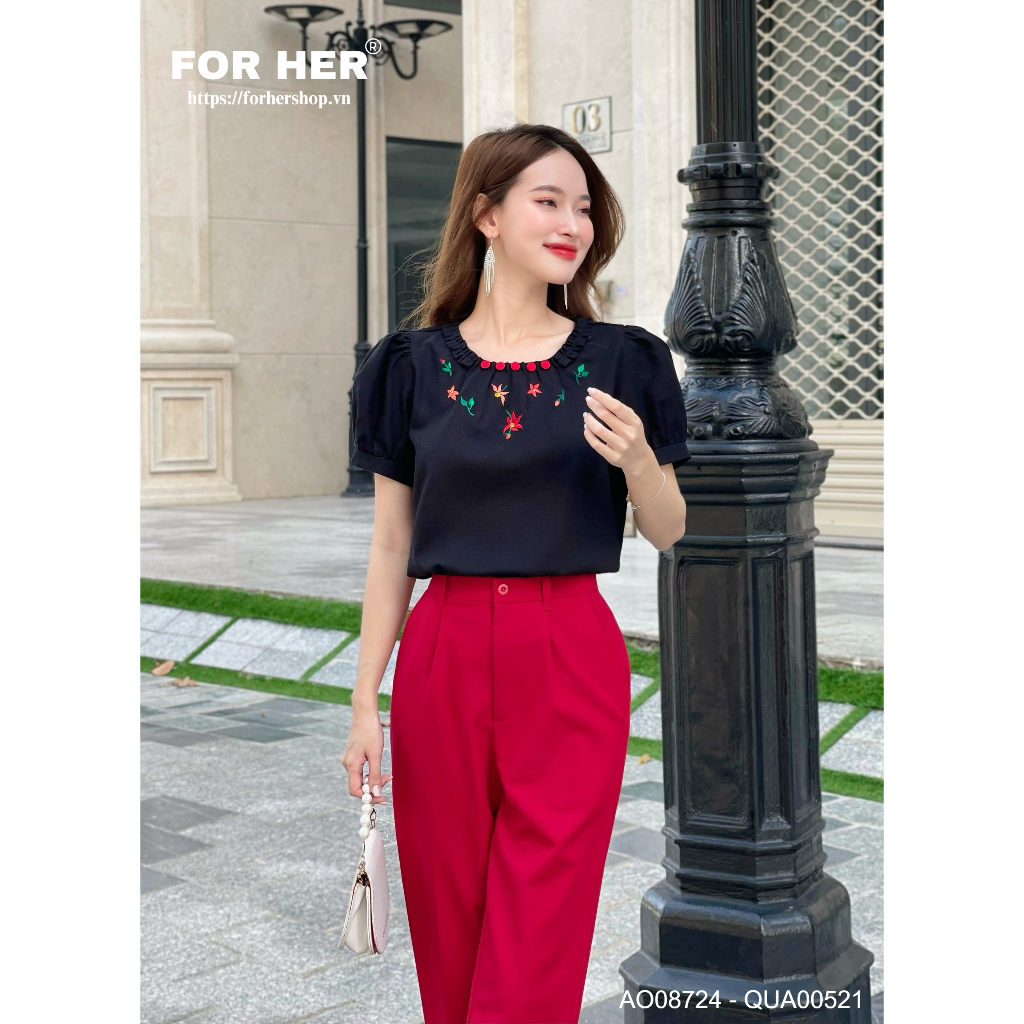 Áo kiểu FOR HER nút bọc thêu hoa AO0872