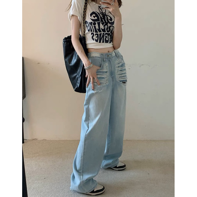 Jeans suông xanh rách 2 túi 9651