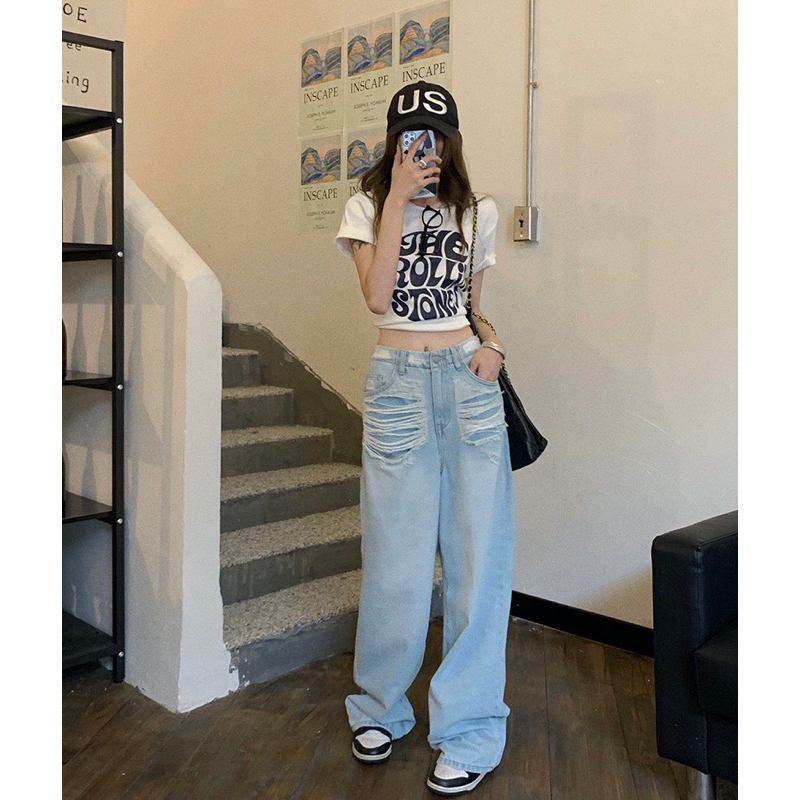 Jeans suông xanh rách 2 túi 9651