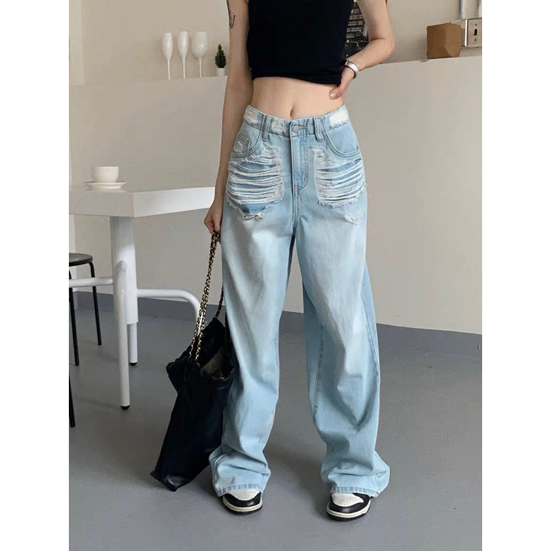 Jeans suông xanh rách 2 túi 9651