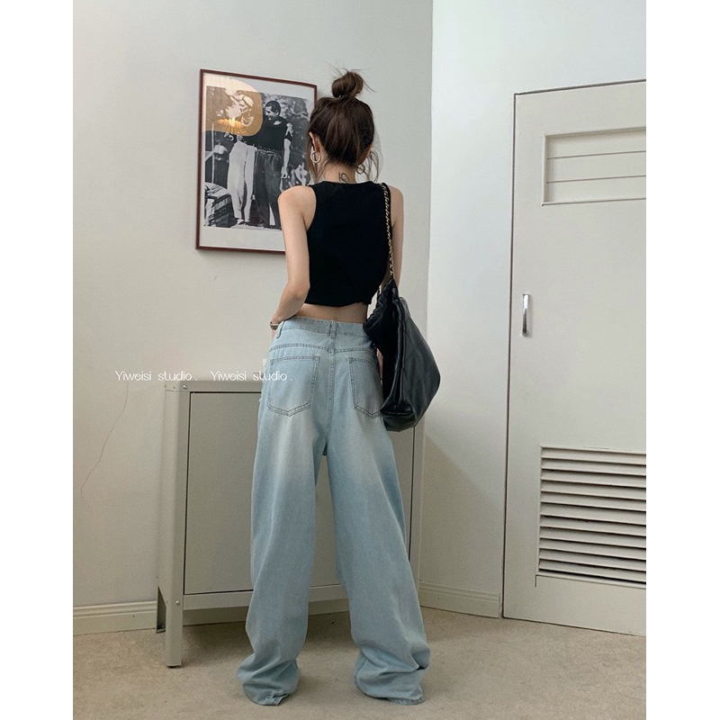 Jeans suông xanh rách 2 túi 9651