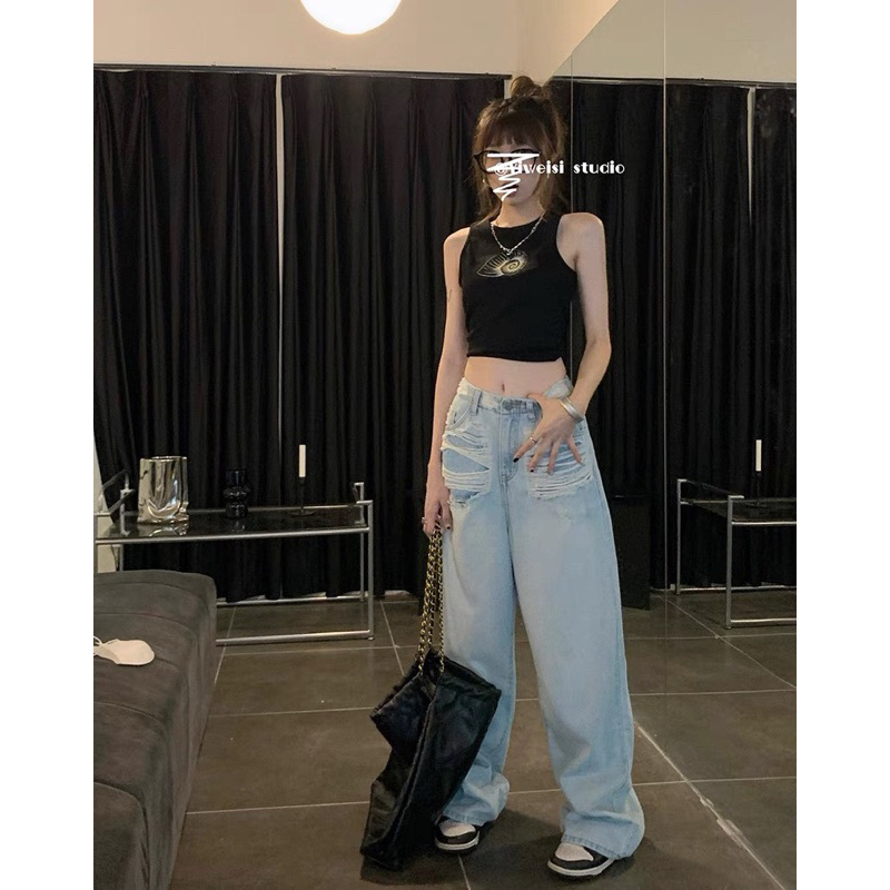 Jeans suông xanh rách 2 túi 9651