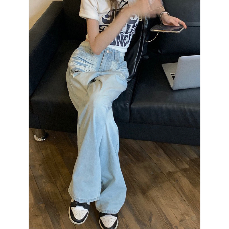 Jeans suông xanh rách 2 túi 9651