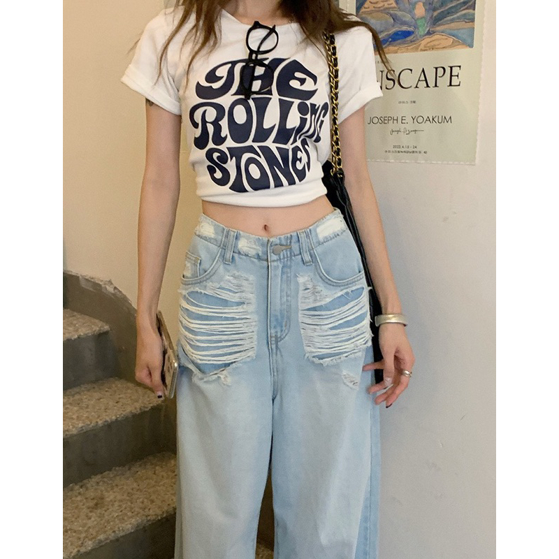 Jeans suông xanh rách 2 túi 9651