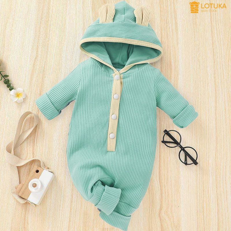 Áo Liền Quần Bé Gái, Bé Trai Sơ Sinh LOTUKA Chất Len Tăm, Bodysuit Có Mũ Cho Bé 3-12kg