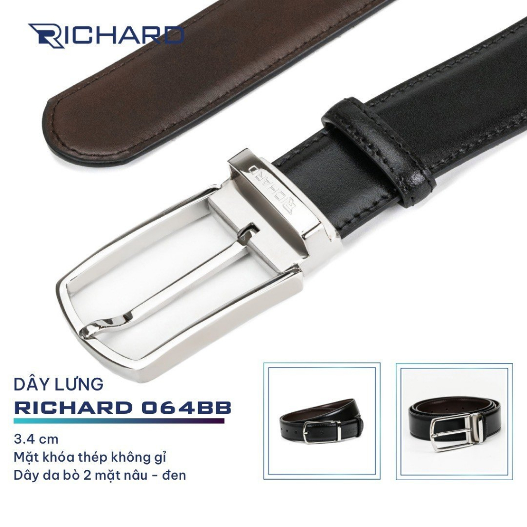 Dây thắt lưng nam da bò 2 mặt nâu/đen 3.4cm khoá kim Richard K064BB