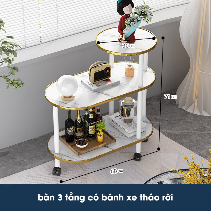 Bàn Trà Sofa Phòng Khách Mặt Đá Vân 2 Tầng Có Bánh Xe, Bàn Cà Phê Ban Công, Ngoài Trời
