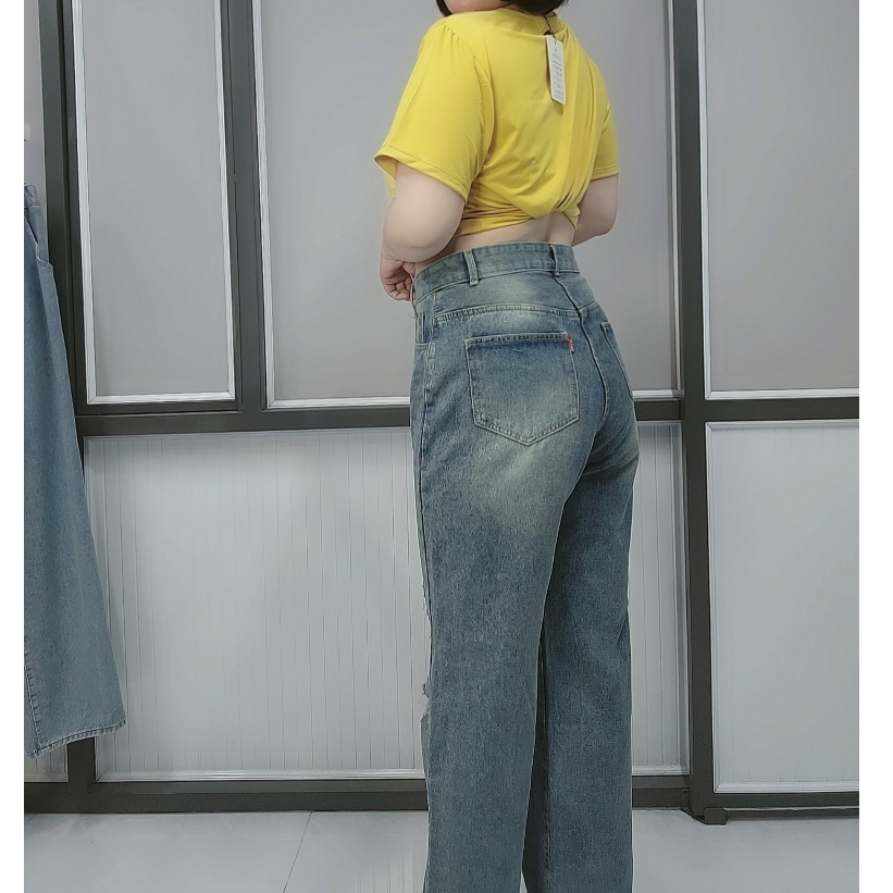 Quần Jeans Ống Suông Rách Gối Lưng Cao VNXk Ms 144