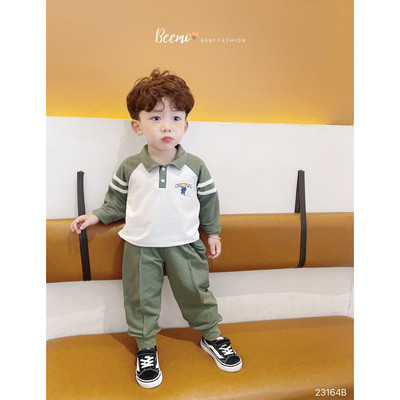 Set bộ quần áo Beemo dài tay cho bé trai, cổ polo phối kẻ tay thể thao cá tính vải cotton thoáng mát 23160B