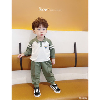  Set bộ quần áo Beemo dài tay cho bé trai cổ polo phối kẻ tay thể thao cá tính vải cotton thoáng mát 23160B 
