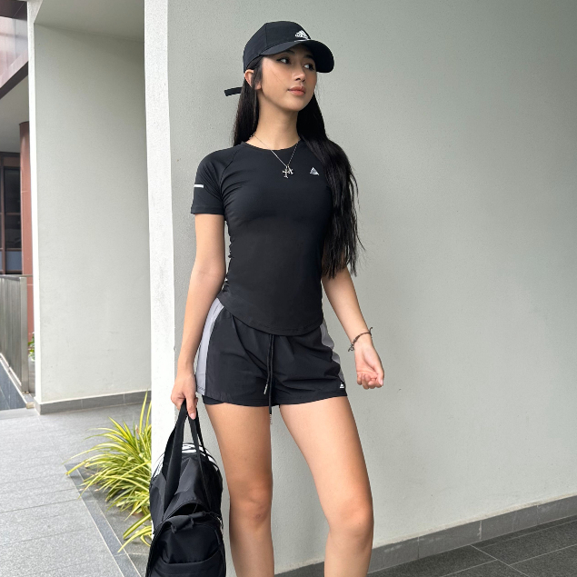 Set thể thao nữ tập gym yoga Fitme áo vạt bầu, quần 2 lớp Đen