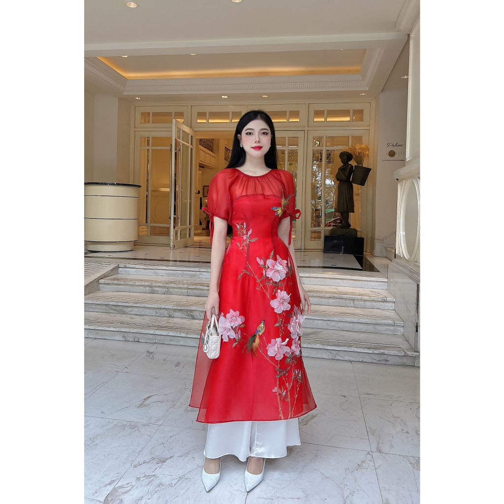 Áo dài cách tân nữ ❤️HÀNG CAO CẤP❤️chất liệu tơ organza thiết kế cổ tròn tay bồng duyên dáng, kết hoa tà áo -LN06