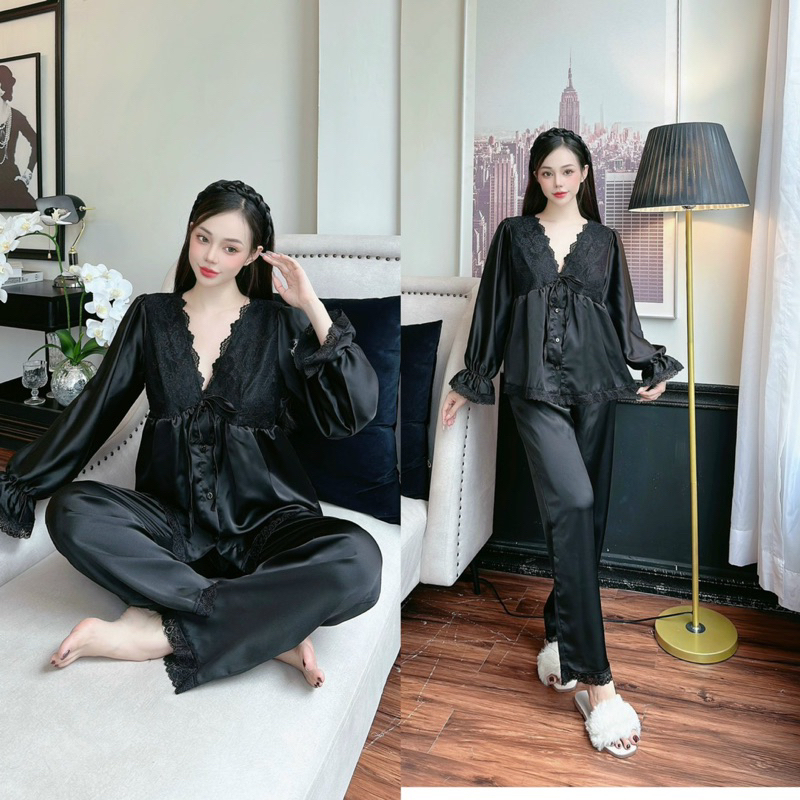 Bộ Pijama lụa satin phối ren cổ tim sâu tay dài bèo xinh xắn 5 màu hot