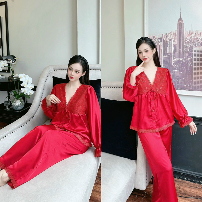 Bộ Pijama lụa satin phối ren cổ tim sâu tay dài bèo xinh xắn 5 màu hot