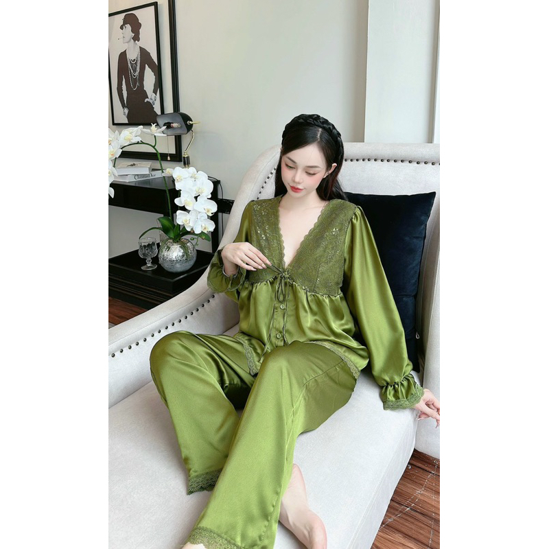 Bộ Pijama lụa satin phối ren cổ tim sâu tay dài bèo xinh xắn 5 màu hot
