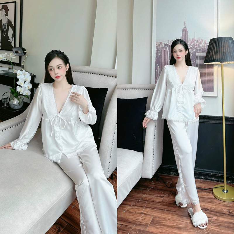 Bộ Pijama lụa satin phối ren cổ tim sâu tay dài bèo xinh xắn 5 màu hot