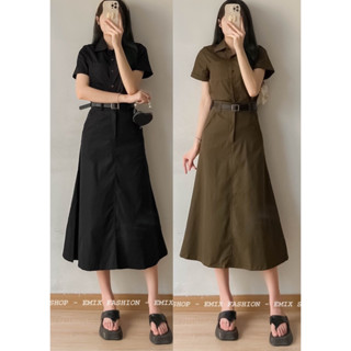 ( Ảnh tự chụp ) Set áo sơmi + chân váy kaki thô mềm dáng dài (tặng kèm đai) myra - shetkemdai036M/P8K9, k8