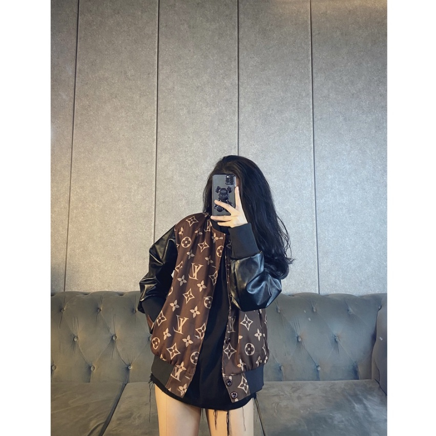 Áo Khoác Phối Da LV Nam Nữ Unisex chất, Áo Bomber Teddy Lv Siêu Cấp Dáng Rộng Siêu Hot Trending 2023