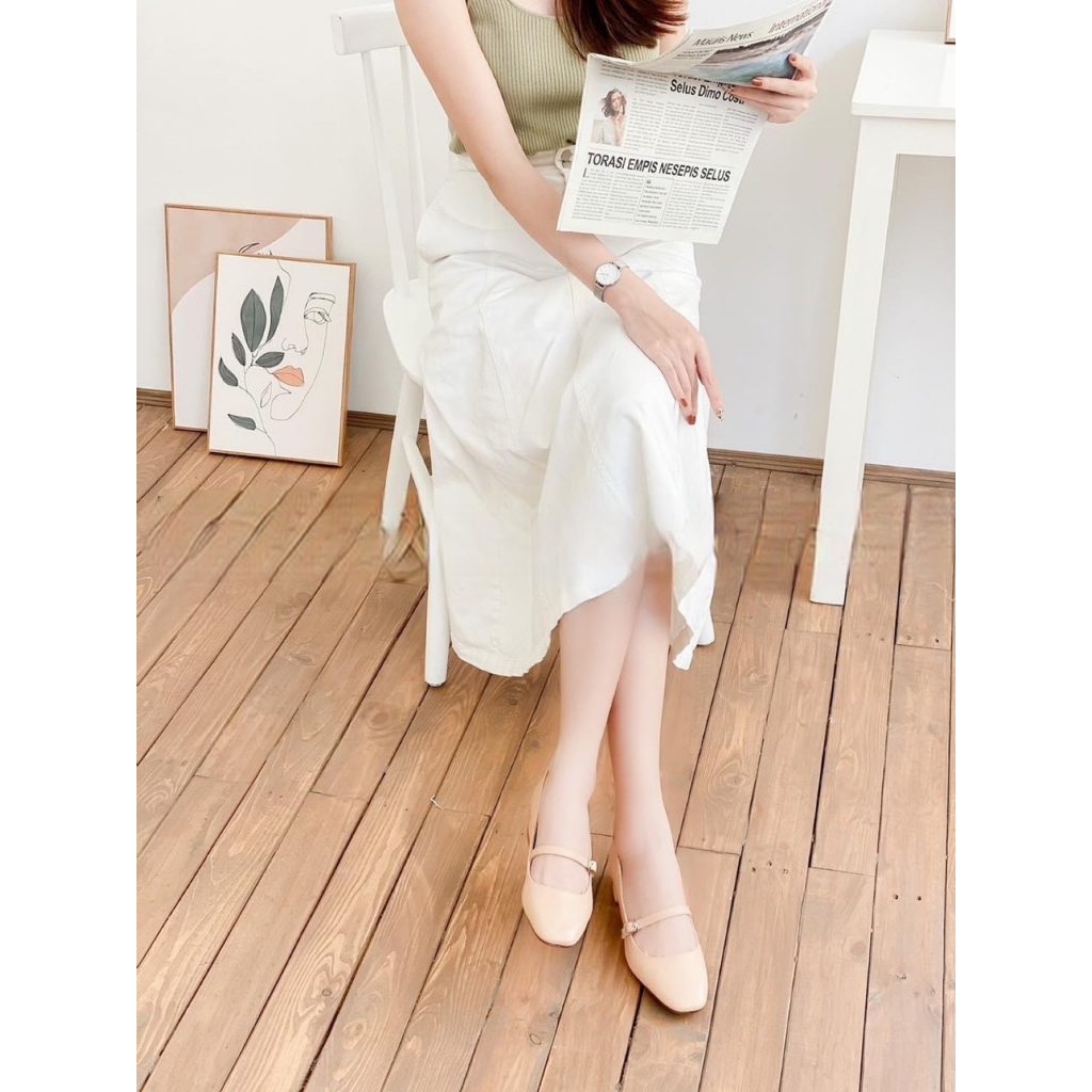 Giày cao gót 3cm có 3 màu đế vuông quai ngang kiểu dáng Mary Janes phong cách Hàn Quốc