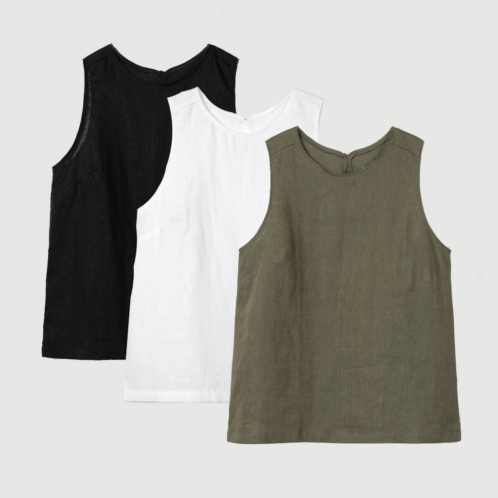 TimTay Áo Kiểu Cổ Tròn Sát Nách 100% Linen - Áo Linen Đời Thường