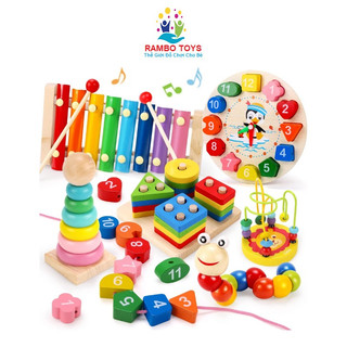 Combo 6 món đồ chơi gỗ phát triển trí tuệ cho bé, Giáo cụ Montessori đồ chơi thông minh băng gỗ