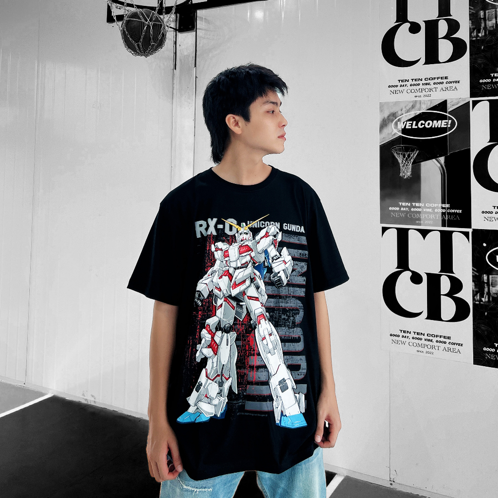 Áo thun đen cotton oversize Nam/Nữ in hình Gundam - Gundam unicorn, Gundam rx, Gundam aerial