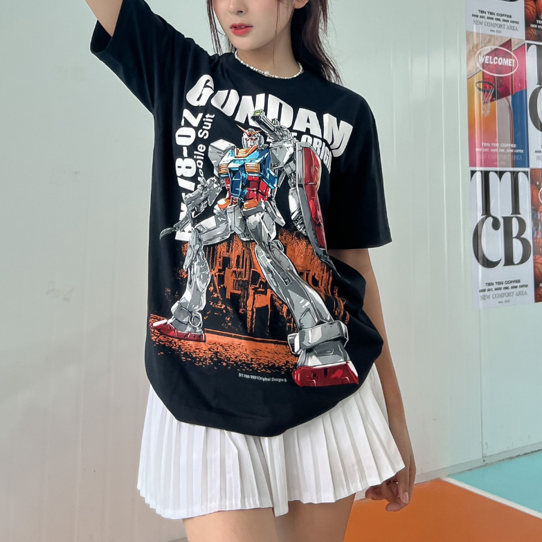 Áo thun đen cotton oversize Nam/Nữ in hình Gundam - Gundam unicorn, Gundam rx, Gundam aerial