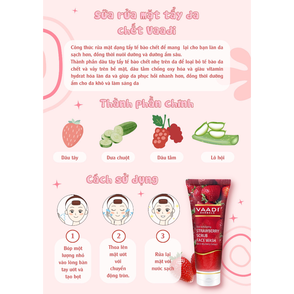 Sữa Rửa Mặt Tẩy Da Chết VAADI Herbals 60ml Triết Xuất Dâu Tây Hỗ trợ Cấp Ẩm Sáng Da | Lê Bằng Vân