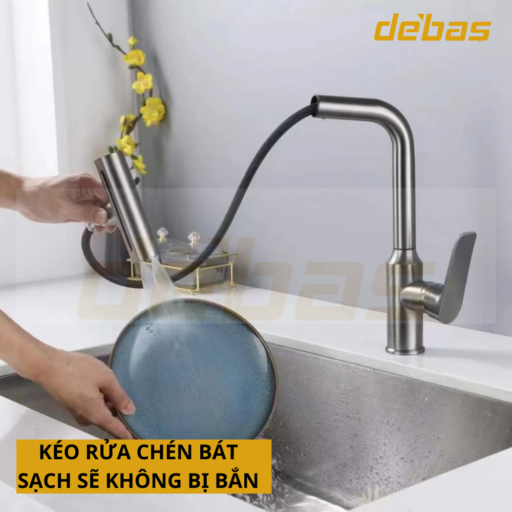 Vòi rửa bát dây rút mạ nano xám/ chrome nóng lạnh inox cao cấp đồng mạ Debas V761M