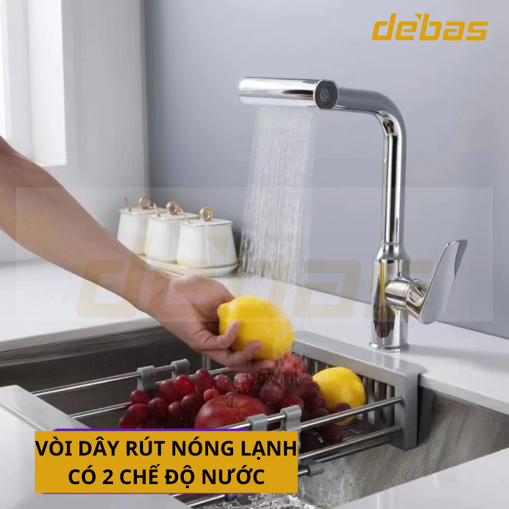 Vòi rửa bát dây rút mạ nano xám/ chrome nóng lạnh inox cao cấp đồng mạ Debas V761M