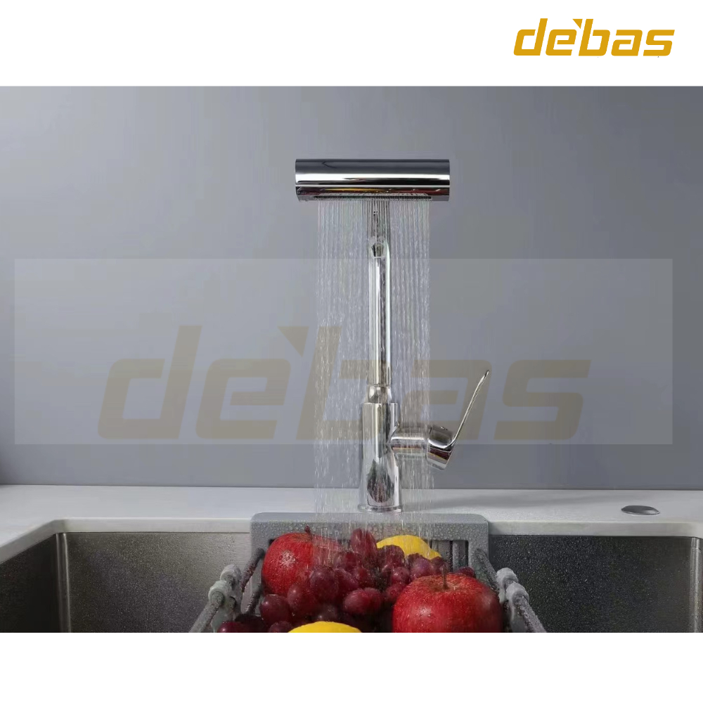 Vòi rửa bát dây rút mạ nano xám/ chrome nóng lạnh inox cao cấp đồng mạ Debas V761M