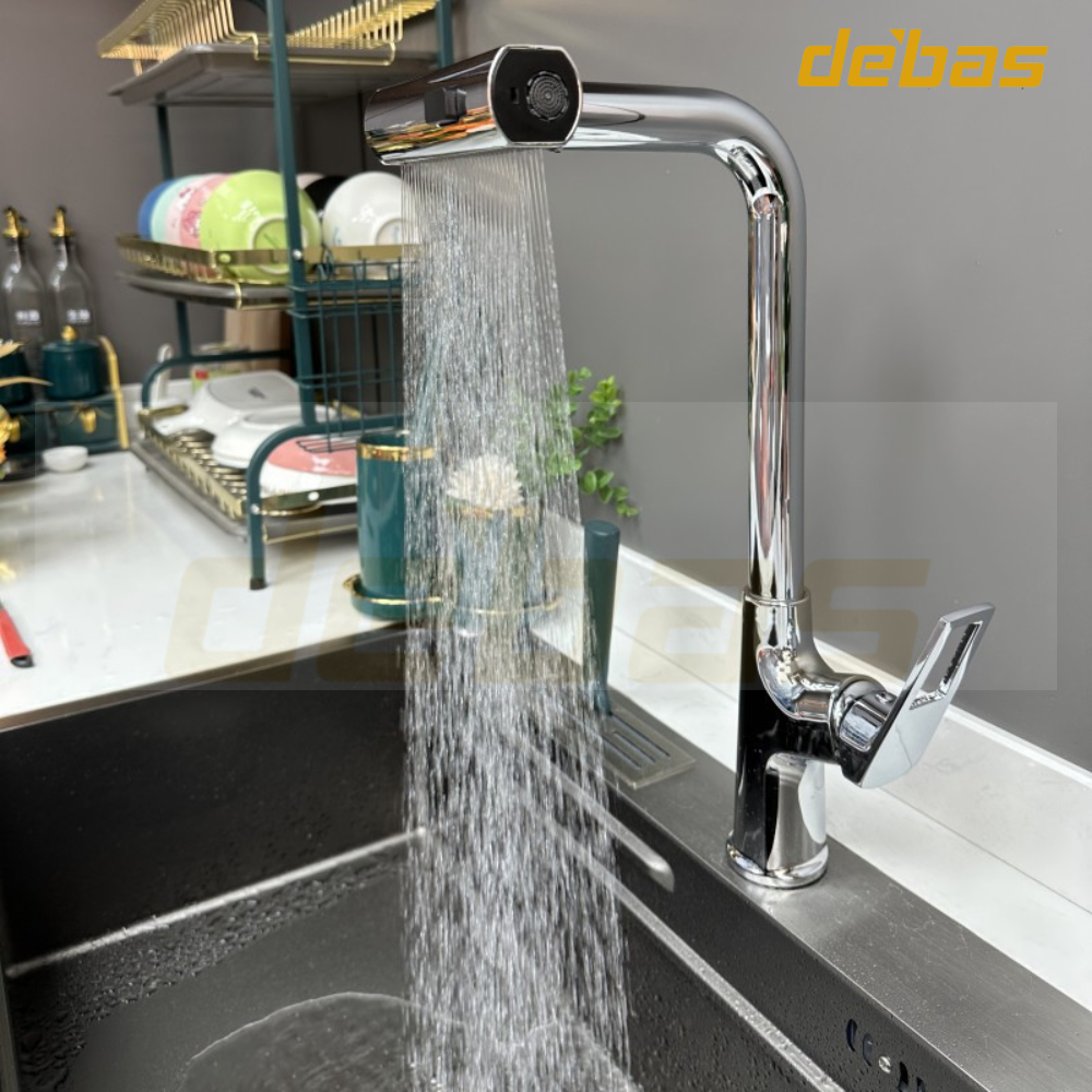 Vòi rửa bát dây rút mạ nano xám/ chrome nóng lạnh inox cao cấp đồng mạ Debas V761M