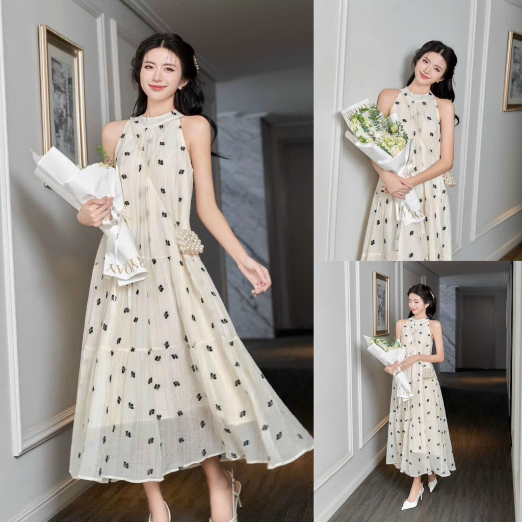 Đầm Maxi Cổ Yếm Xốp In Bông From Rộng Có Lót Trong Sam Closet Phù Hợp Để Tới Công Sở, Đi Làm Hoặc Đi Chơi.