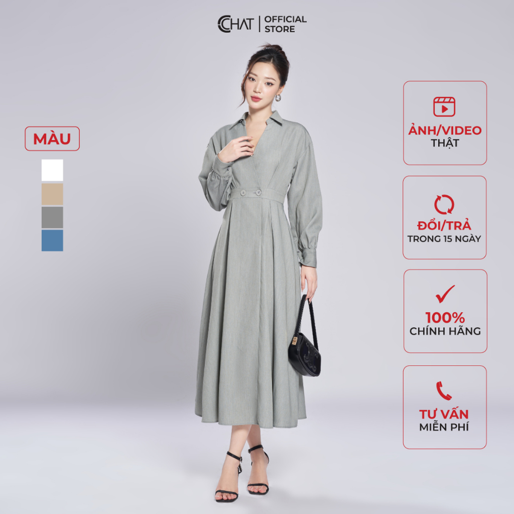 Đầm Nữ 𝐂𝐂𝐇𝐀𝐓 Kiểu Cổ Đức Mở V Dáng Xòe Chất Tuytsi Cao Cấp Mềm Mịn 13VDS2002XT