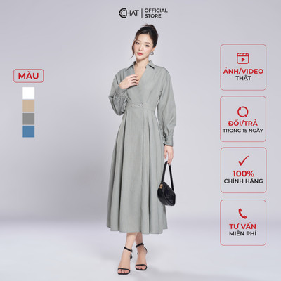 Đầm Nữ 𝐂𝐂𝐇𝐀𝐓 Kiểu Cổ Đức Mở V Dáng Xòe Chất Tuytsi Cao Cấp Mềm Mịn 13VDS2002XT